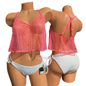 Victoria’s Secret Fishnet Beach Bikini Cover up crop top Coral